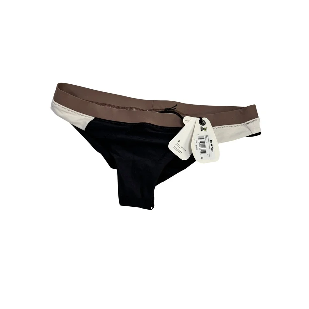 Prana Reia Bikini Bottom Black Brown Cream Colorblock Cheeky Swim Size L NEW